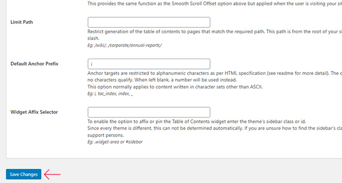 Table of Contents Save Changes