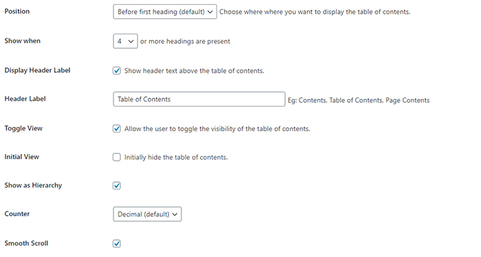 Table of Contents Settings