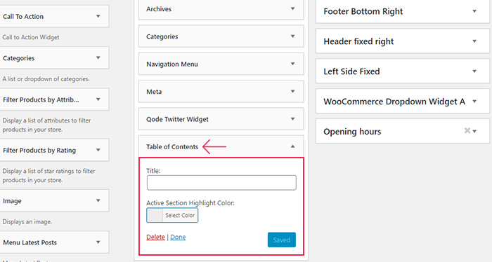 Table of Contents Widget Area