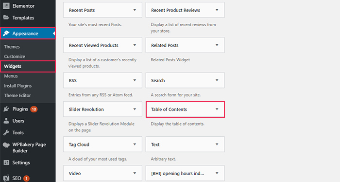 Table of Contents Widget