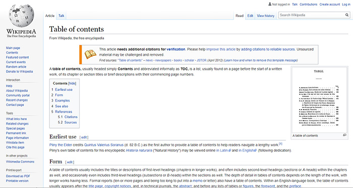 Table of Contents Wikipedia
