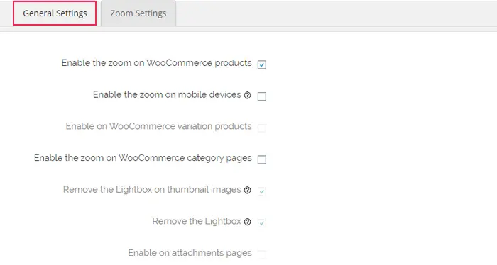 WP Image Zoom General Settings tab