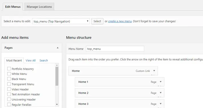 Create a new menu or modify the one that you imported with the demo