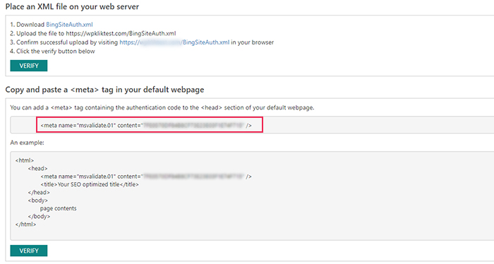 Bing Webmaster Meta Name