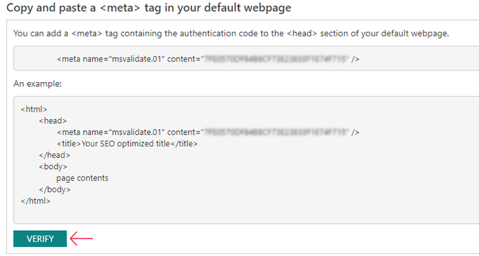 Bing Webmaster Meta Tag