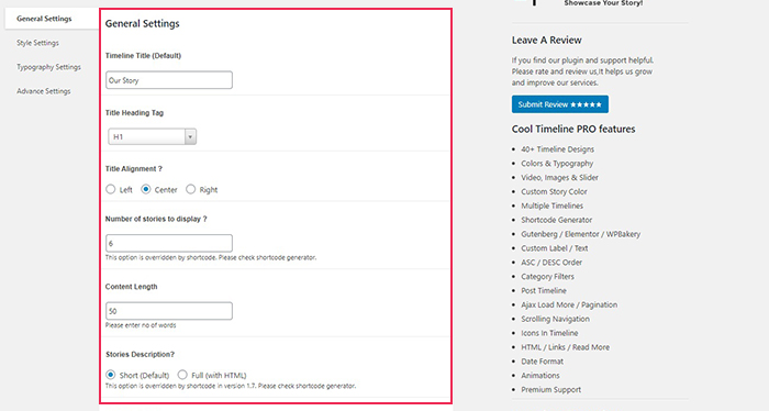 Cool Timeline General Settings