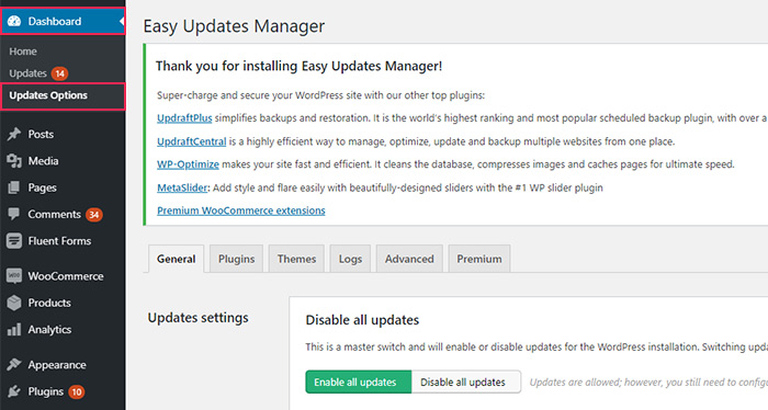 Easy Updates Manager Options