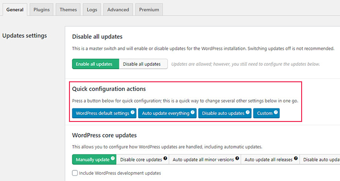 Easy Updates Manager Quick Configuration Actions