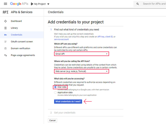 Gmail APIs Add Credentials