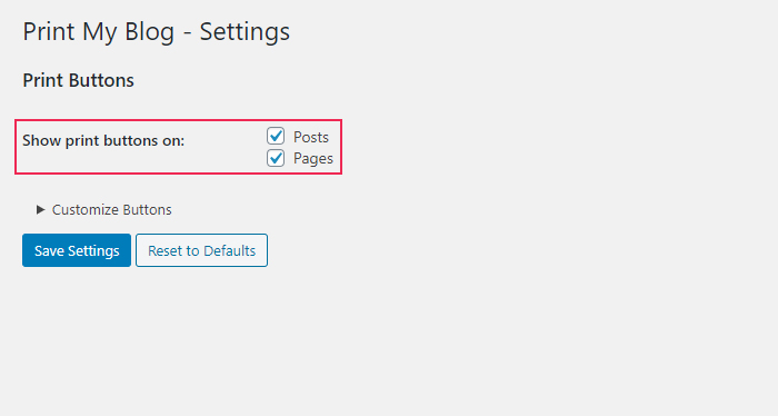 Print My Blog Settings Boxes