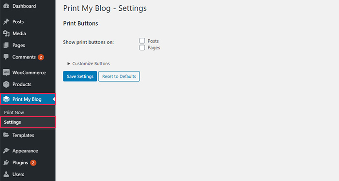 Print My Blog Settings