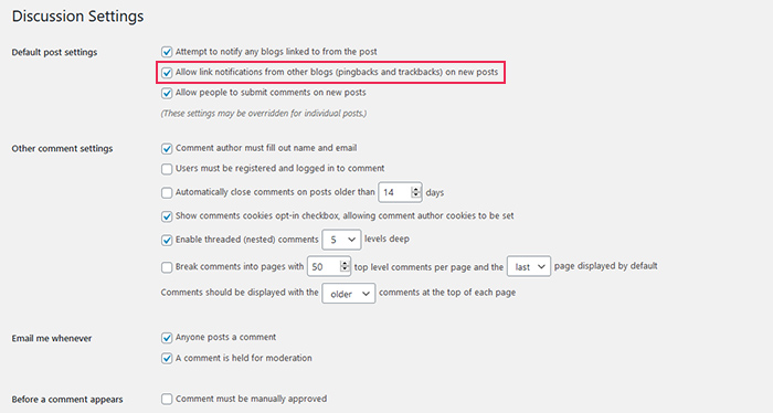 Talkbacks And Pingbacks Discussion Settings