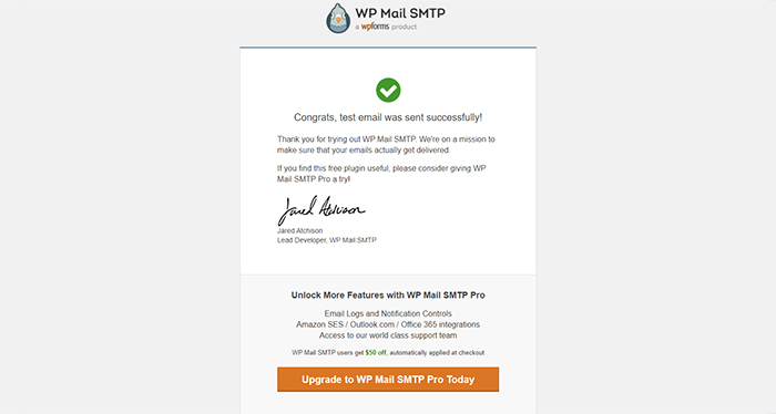WP Mail SMTP Success Screen