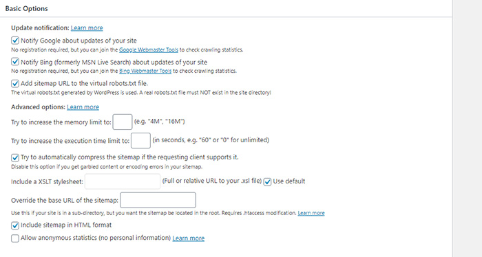 XML Sitemap Basic Options