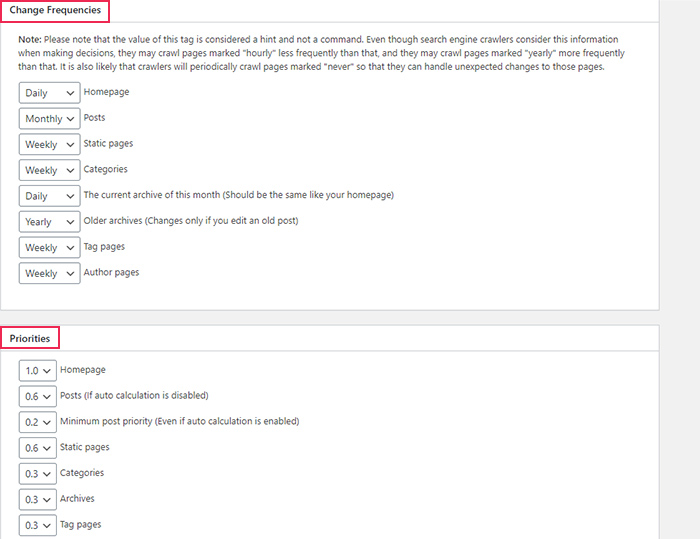 XML Sitemap Frequencies Priorities