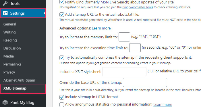 XML Sitemap Settings