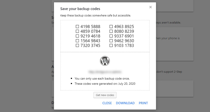 2 factor authentication google backup codes