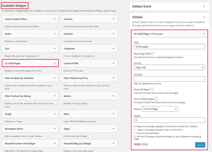 Inserting Child Pages Widget