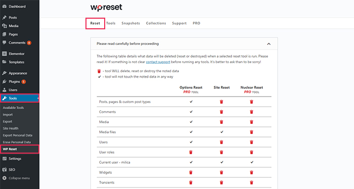 Tools WP Reset