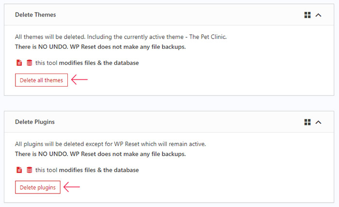 WP Reset Tools Delete Themes and Plugins