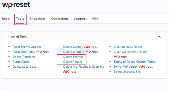 WP Reset Tools Delete Themes and Plugins