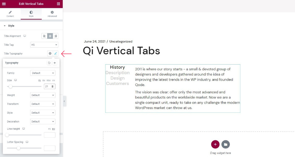 Qi addons Vertical Tabs Typography settings