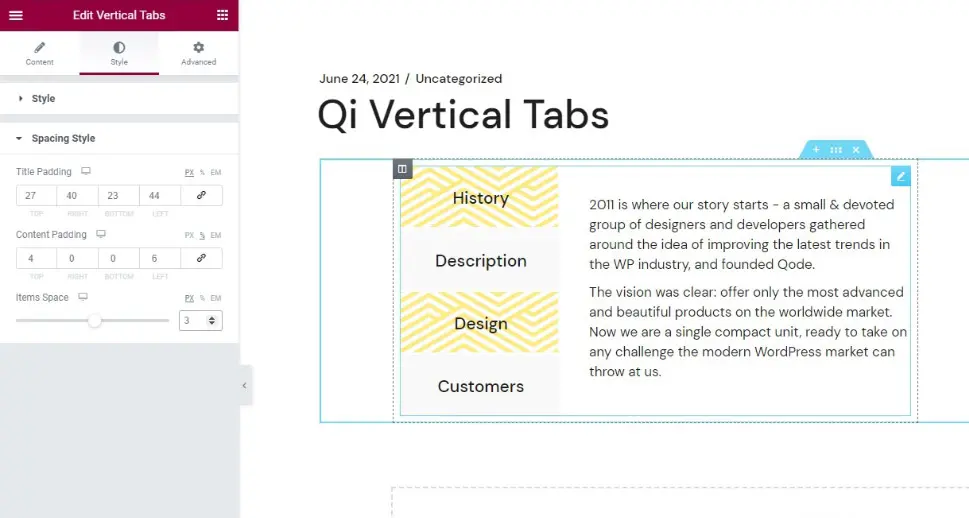 Qi addons Content Padding