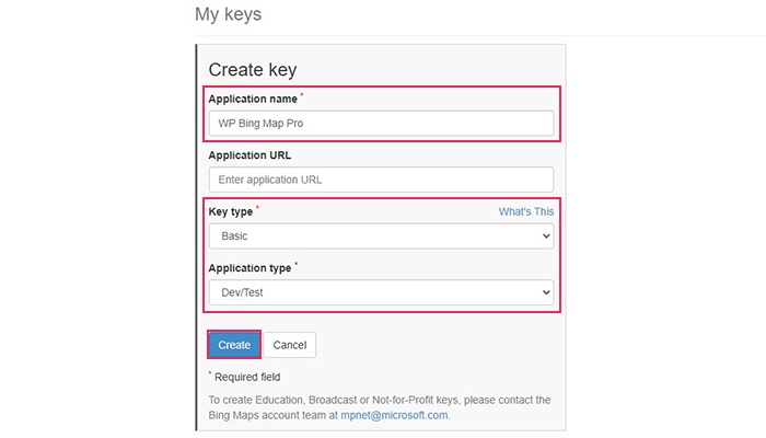 Bing Maps Create Key