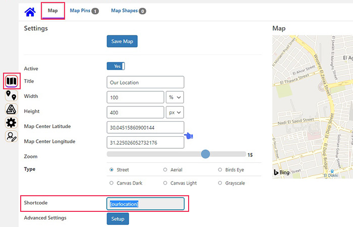 Bing Maps Map Pins Settings