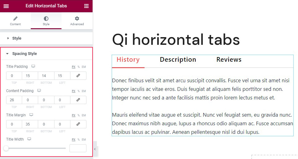 Horizontal Tab Spacing Style