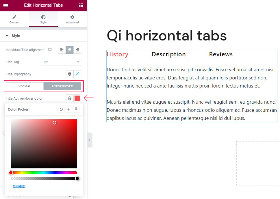 Horizontal Tabs Active Hover