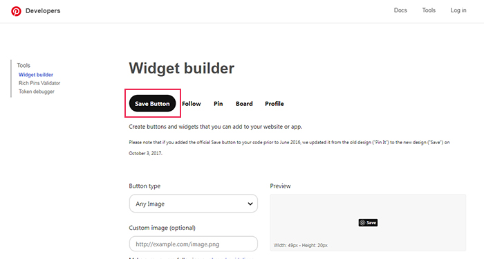 Pinterest Widget Builder Save Button