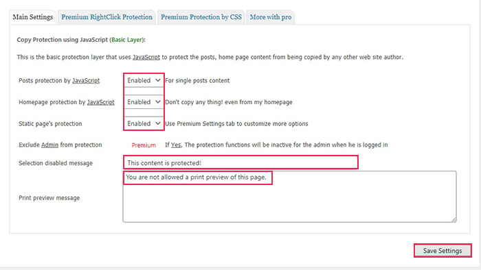WP Content Copy Protection & No Right Click plugin settings