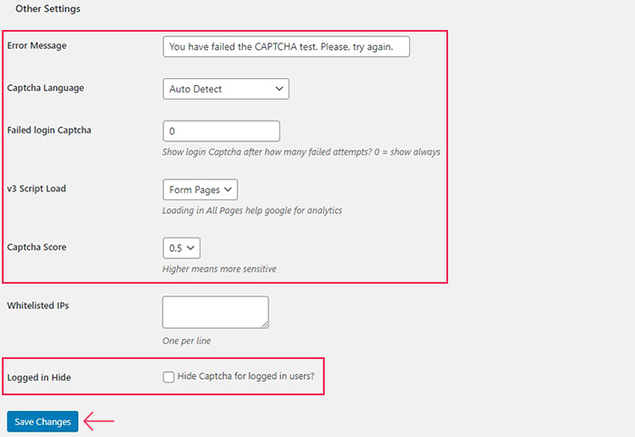 reCaptcha Other Settings