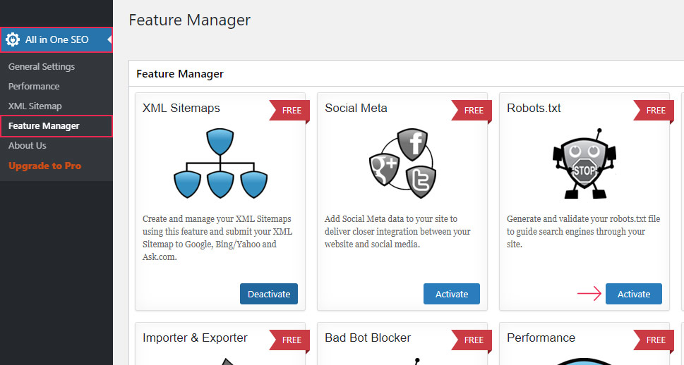 All in One SEO Feature Manager