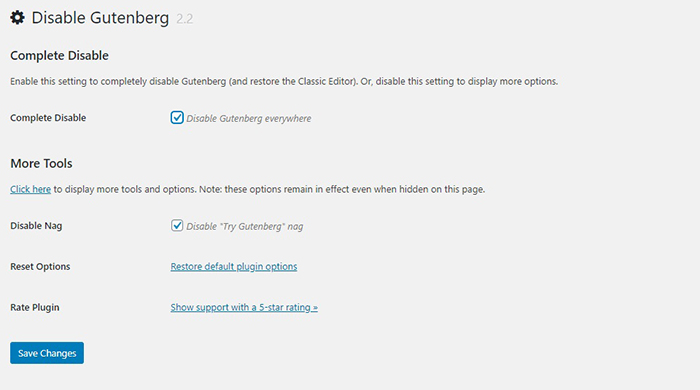 Disable Gutenberg Plugin Settings
