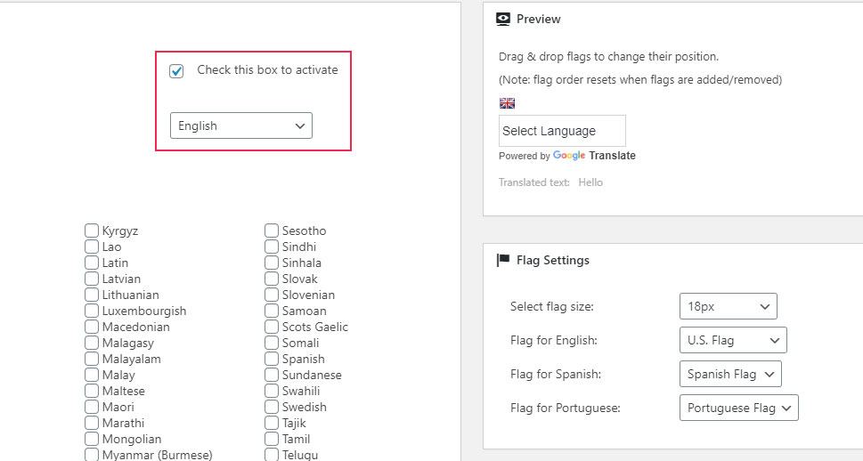 Google Language Translator Settings