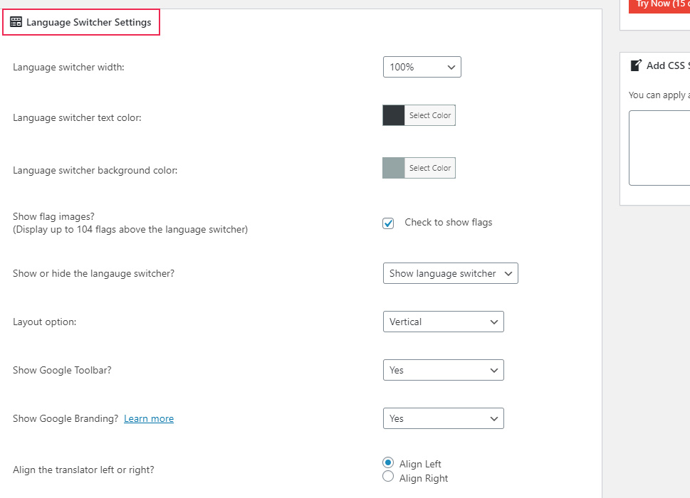 Google Language Translator Settings