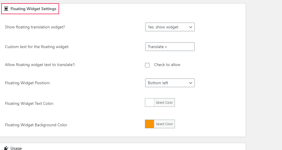 Google Language Translator Settings