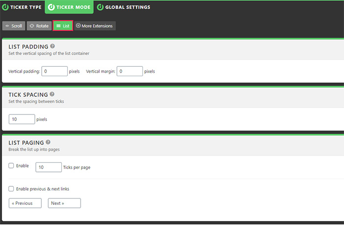 Ticker List Settings