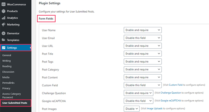 User Submitted Posts Settings