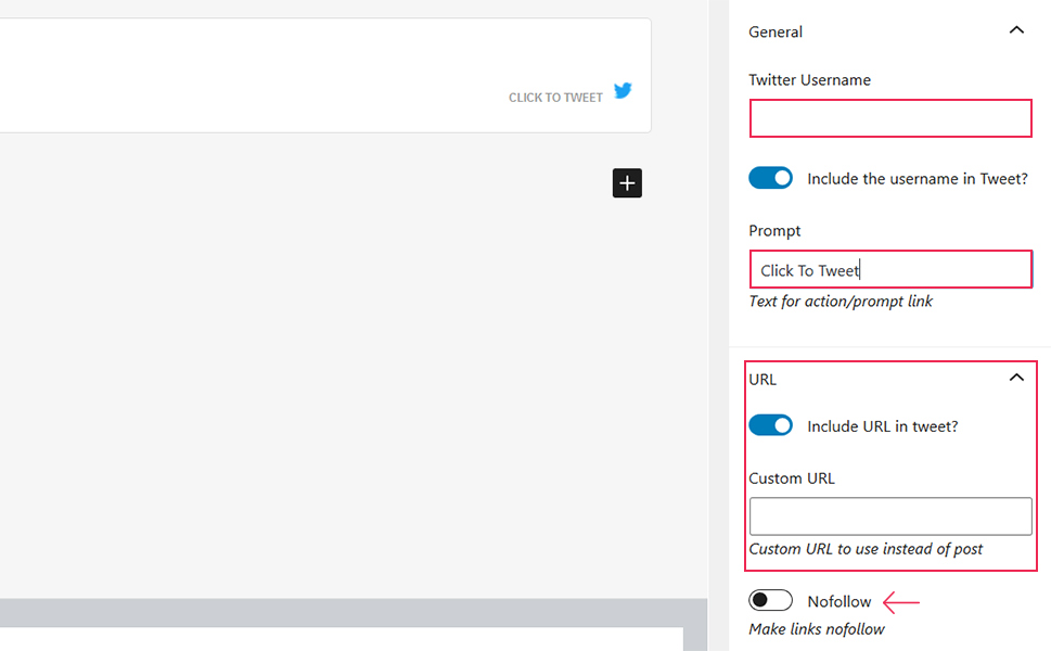 Better Click to Tweet Gutenberg Settings