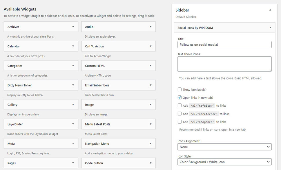 Socail Icons by WPZOOM Setings