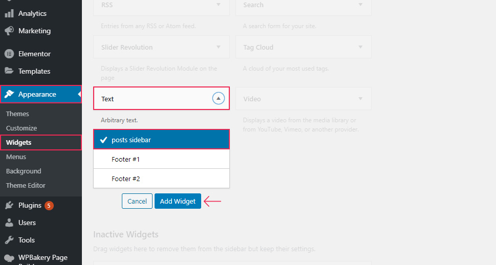 posts - How to use Add link pop up for a WordPress widget