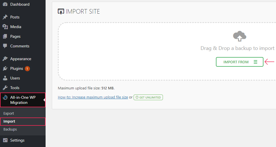 All In One WP Migration Import