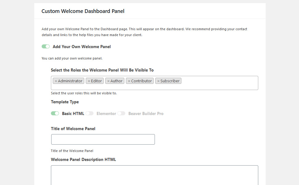 Custom Welcome Dashboard Panel