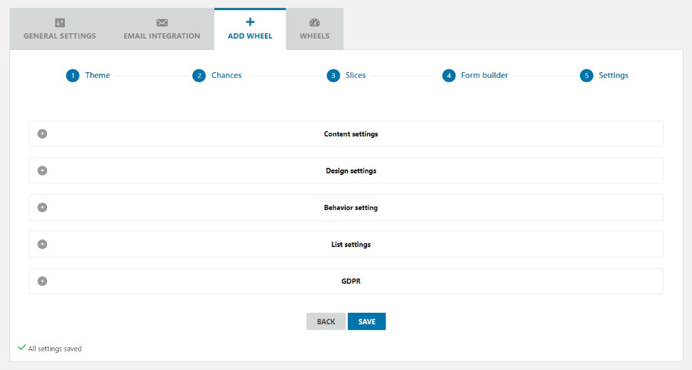 Wheel settings screen