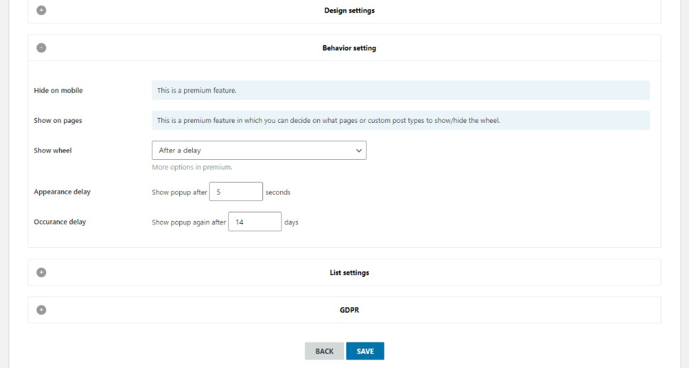 Wheel behavior settings