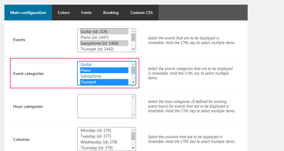 Main Config Event Categories