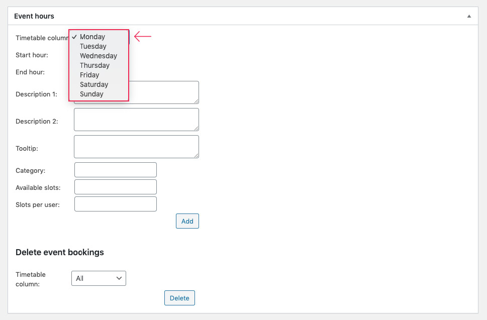 Timetable Columns Dropdown